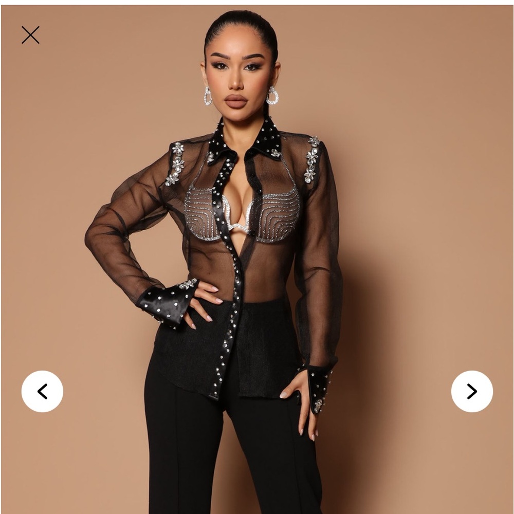 Fashion Nova Sheer Black Blouse with Pearl Accents